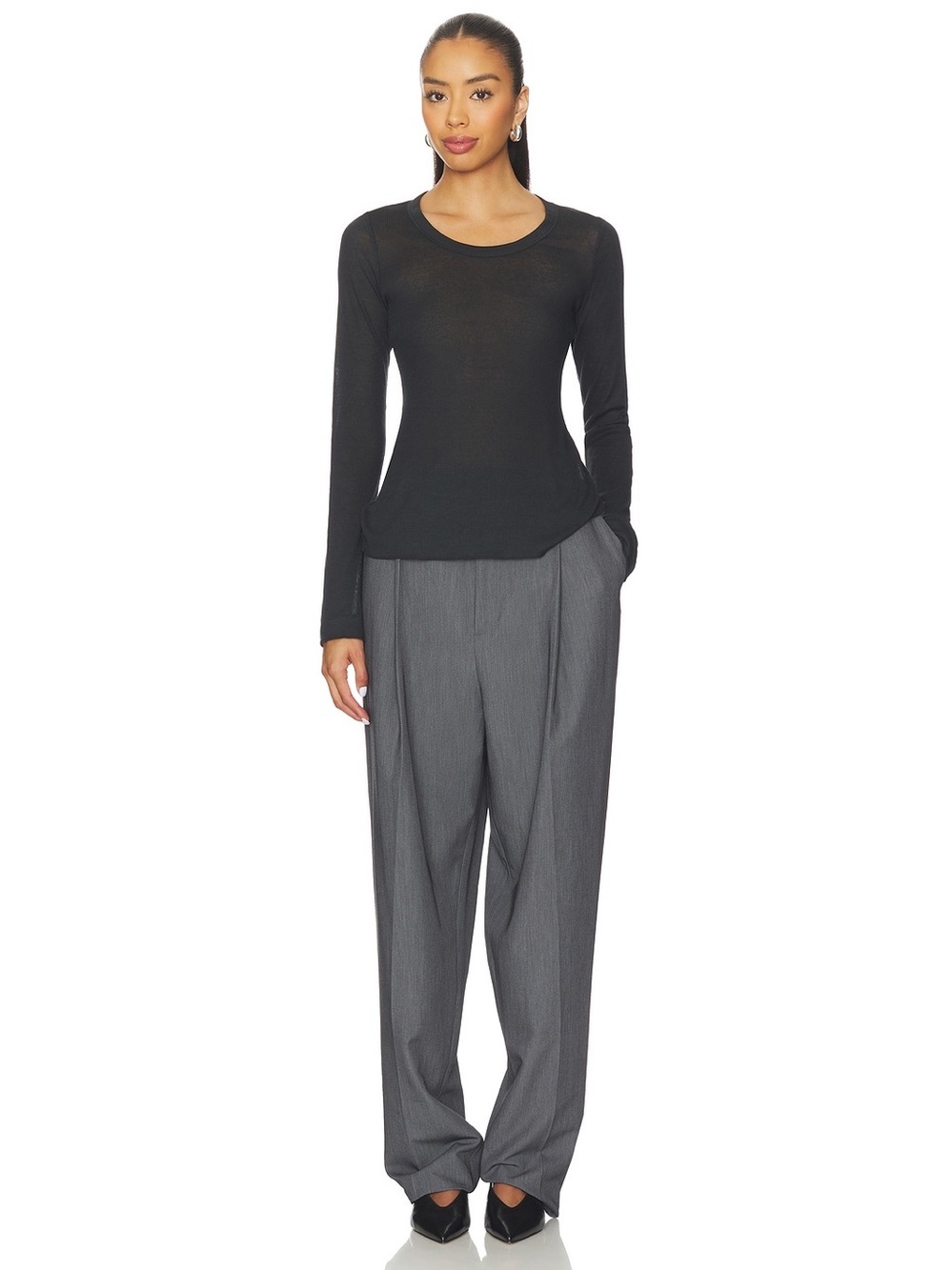 SKIMS NWT (A1) Sheer Cotton Long Sleeve Wide Crew | Color SOOT | Size s